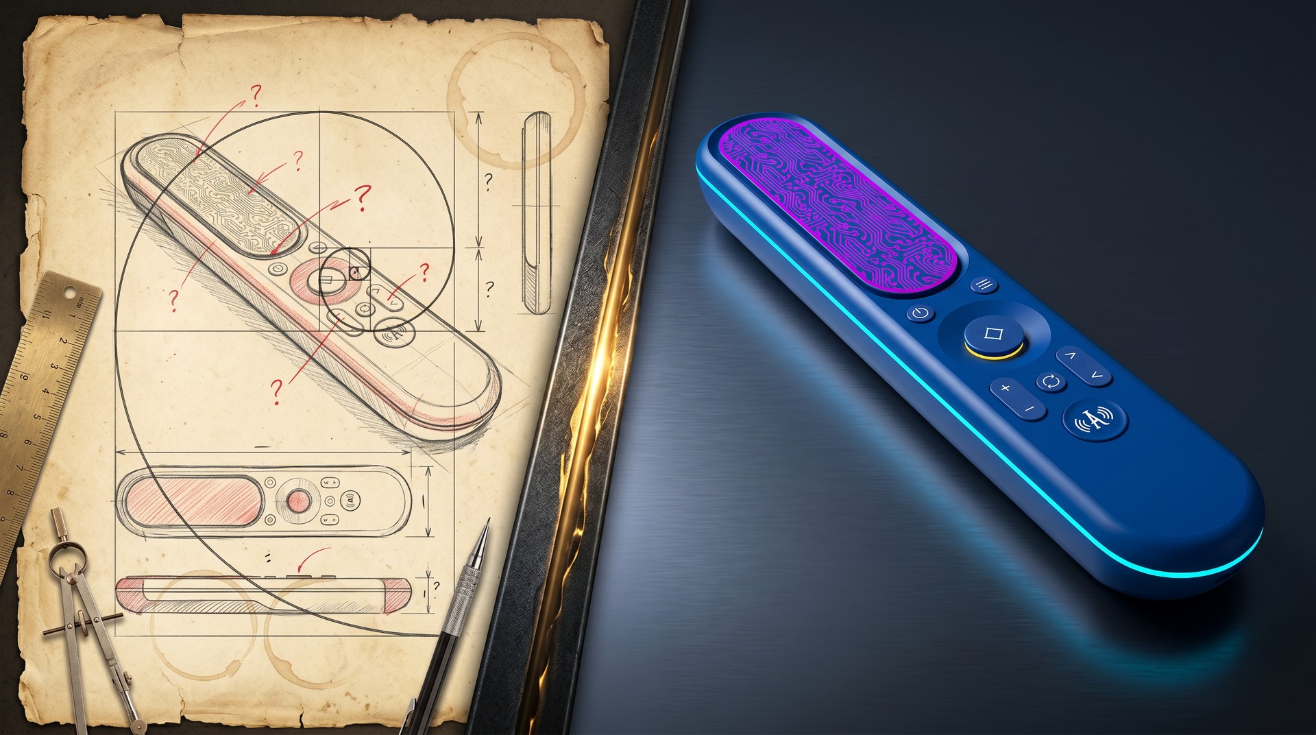 Comparison of the smart controller's rough sketch and the finished 3D product design render Comparison of the smart controller's rough sketch and the finished 3D product design render