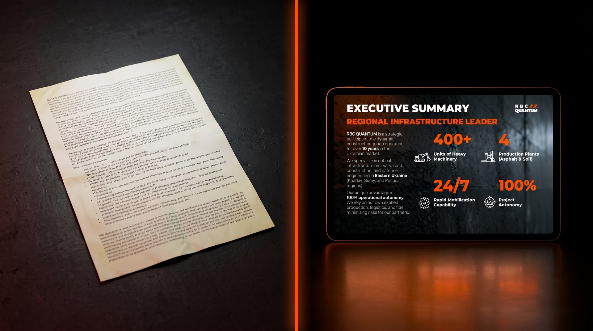 Before and after comparison of a text document and a designed B2B presentation slide with fleet infographics Before and after comparison of a text document and a designed B2B presentation slide with fleet infographics