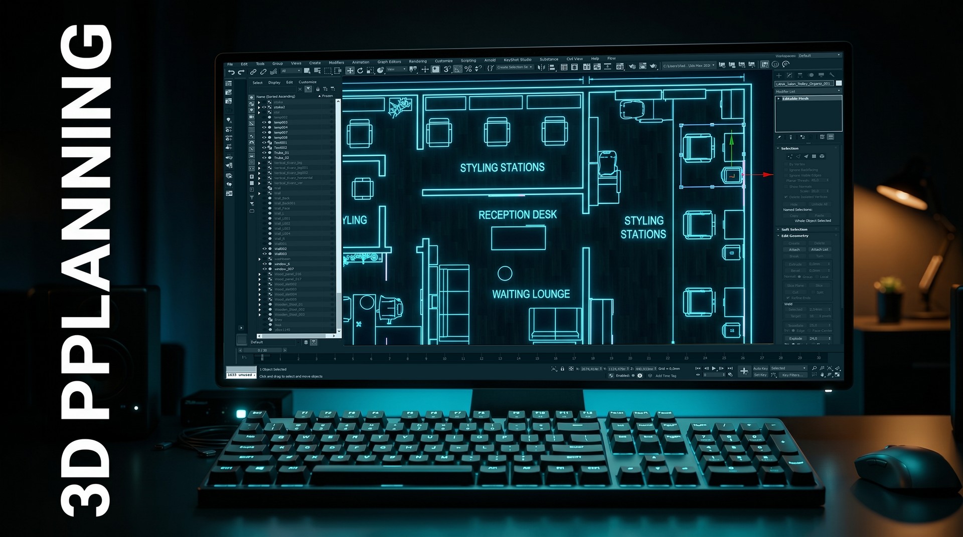 Blueprint and 3D wireframe layout of hair stylist workstations Blueprint and 3D wireframe layout of hair stylist workstations
