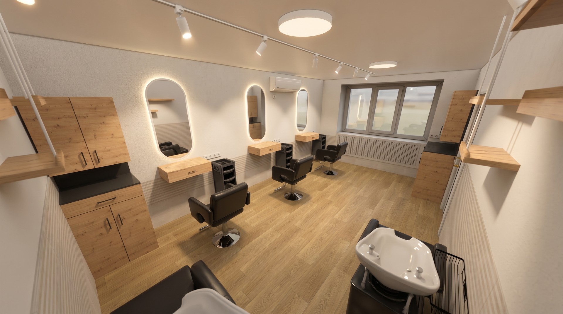 3D design of the main hair salon hall with proper lighting 3D design of the main hair salon hall with proper lighting
