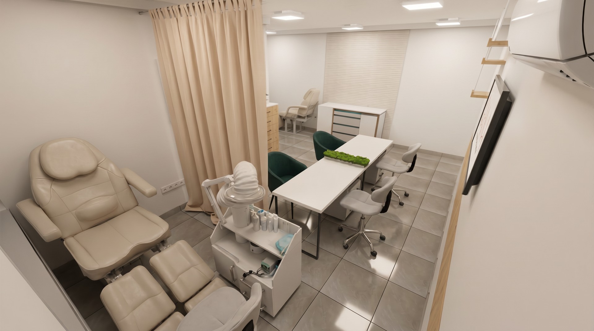 Design of a private pedicure room with soft ambient lighting Design of a private pedicure room with soft ambient lighting
