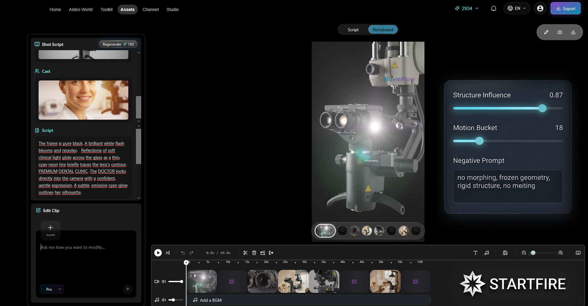 Screenshot of MovieFlow interface demonstrating structure influence and motion area settings for AI animation
