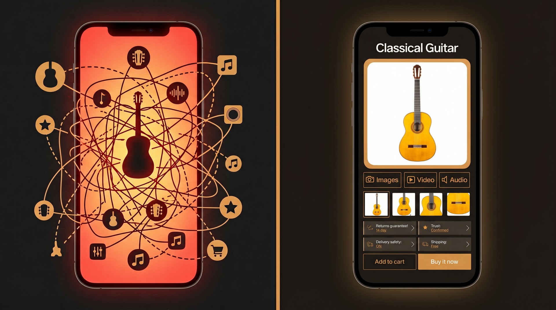 Comparison: ordinary screenshot (left – a chaotic web of lines connecting broken icon architecture) vs animated guide with hints (right) Comparison: ordinary screenshot (left – a chaotic web of lines connecting broken icon architecture) vs animated guide with hints (right)