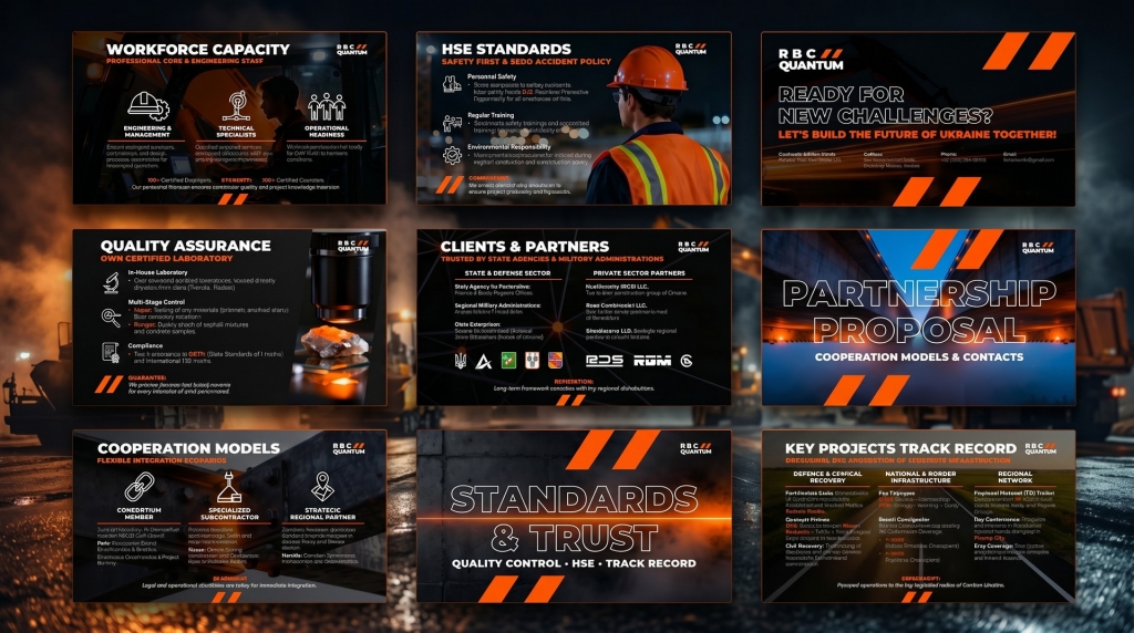 Ready-made slides for an investment memorandum in the Dark Industrial style.