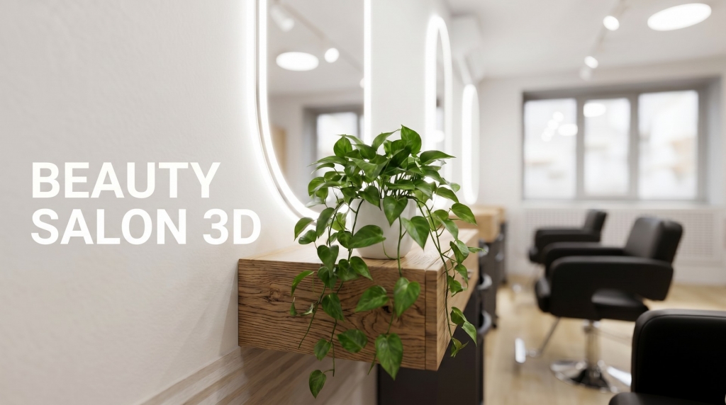 3D visualization of hairdresser workstations in light tones